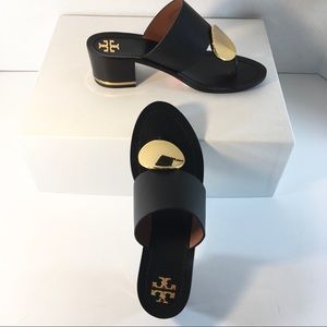 New TORY BURCH Black Leather Block Heels SZ 5.5